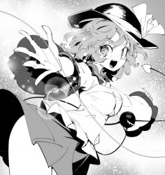 Rule 34 | 1girl, airplane arms, breasts, cowboy shot, fifiruu, foreshortening, frilled shirt collar, frilled sleeves, frills, greyscale, hat, hat ribbon, komeiji koishi, lens flare, light particles, medium breasts, monochrome, outstretched arms, ribbon, short hair, solo, spread arms, third eye, touhou, wavy hair, wide sleeves
