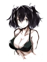 Rule 34 | 10s, 1girl, bikini, black bikini, black hair, blue eyes, breasts, cleavage, deel (rkeg), female focus, hair ribbon, highres, kantai collection, large breasts, ribbon, short twintails, smile, solo, souryuu (kancolle), swimsuit, twintails, upper body