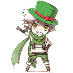 Rule 34 | 1boy, animal, animal on head, belt, bird, bird on head, boots, bow, brown belt, brown footwear, brown gloves, brown hair, commentary request, crop top, fingerless gloves, full body, gloves, green hat, green scarf, green shirt, green shorts, grin, hand on own hip, hat, hat bow, leaf, looking at viewer, midriff, mouth hold, natsuya (kuttuki), navel, on head, pointy ears, pouch, ragnarok online, ranger (ragnarok online), red bow, scarf, shirt, short hair, shorts, simple background, sitting, sleeveless, sleeveless shirt, smile, solo, stalk in mouth, standing, top hat, white background, yellow eyes