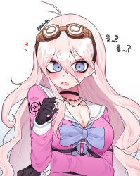 Rule 34 | 1girl, antenna hair, barbed wire, black choker, black gloves, blonde hair, blue eyes, blush, bow, bowtie, breasts, choker, cleavage, commentary request, d:, danganronpa (series), danganronpa v3: killing harmony, fingerless gloves, gloves, goggles, goggles on head, green bow, green bowtie, highres, iruma miu, korean commentary, large breasts, leegal kkyu, long hair, o-ring, open mouth, pink shirt, shirt, simple background, solo, teeth, translation request, upper body, upper teeth only