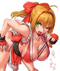 Rule 34 | 1girl, ahoge, amania orz, bare shoulders, blonde hair, breasts, cleavage, cosplay, dated, fatal fury, fate (series), gloves, green eyes, hand fan, large breasts, nero claudius (fate), nero claudius (fate) (all), nero claudius (fate/extra), one eye closed, ponytail, shiranui mai, shiranui mai (cosplay), sleeveless, snk, solo, the king of fighters