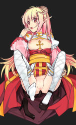 Rule 34 | 1girl, anal tail, arch bishop (ragnarok online), black background, black footwear, blonde hair, blush, breasts, brown horns, butt plug, cleavage, cleavage cutout, cleft of venus, clothes lift, clothing cutout, commentary request, cross, demon tail, dress, eskimofox, fake tail, fishnet thighhighs, fishnets, frilled thighhighs, frills, full body, gradient hair, hair between eyes, high heels, horns, juliet sleeves, long hair, long sleeves, looking at viewer, medium breasts, multicolored hair, nipples, no panties, open mouth, pelvic curtain, pelvic curtain lift, pink hair, pointy ears, puffy sleeves, pussy, ragnarok online, red dress, red eyes, sash, shoes, simple background, single shoe, soles, solo, spread legs, tail, tearing up, thighhighs, two-tone dress, uncensored, white dress, white thighhighs, yellow sash