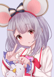 Rule 34 | 1girl, :o, absurdres, animal, animal ears, bow, brooch, cheese, eating, food, frills, granblue fantasy, grey background, grey hair, hair ornament, hamster, hamster tail, hands up, harukasu (mememememo), heart, heart brooch, highres, holding, holding animal, jewelry, looking at viewer, medium hair, mouse ears, open mouth, red eyes, simple background, solo, tail, vikala (granblue fantasy)