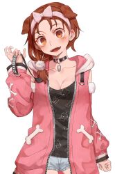 Rule 34 | 1girl, :d, animal ears, black choker, black shirt, blush, bow, bow hairband, breasts, brown eyes, brown hair, choker, cleavage, collarbone, cowboy shot, detached sleeves, dog ears, dog girl, extra ears, fangs, hair ornament, hair over shoulder, hairband, hand up, highres, hololive, hood, hooded jacket, inugami korone, jacket, jc (pixiv 66949345), long hair, long sleeves, looking at viewer, medium breasts, o-ring, o-ring choker, official alternate costume, open clothes, open mouth, pink hairband, pink jacket, pom pom (clothes), pom pom hair ornament, shirt, short shorts, shorts, simple background, smile, solo, teeth, upper teeth only, virtual youtuber, white background