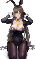 Rule 34 | 1girl, 3 small spiders, absurdres, animal ears, arms up, black leotard, bow, bowtie, breasts, brown hair, cleavage, detached collar, fake animal ears, fake tail, girls&#039; frontline, gloves, half gloves, heterochromia, highres, kneeling, large breasts, leotard, long hair, low twintails, multicolored hair, pantyhose, playboy bunny, rabbit ears, red eyes, ro635 (girls&#039; frontline), shrug (clothing), simple background, strapless, strapless leotard, streaked hair, tail, thighs, twintails, white background, white hair, white wrist cuffs, wrist cuffs, yellow eyes