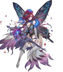 Rule 34 | 1girl, bare shoulders, blue eyes, boots, breasts, brown hair, butterfly wings, cleavage, closed mouth, covered navel, facial mark, fairy, fairy wings, fire emblem, fire emblem heroes, floating, floating object, flower, full body, glowing, hair flower, hair ornament, hair over one eye, haru (hiyori-kohal), highres, insect wings, leg up, medium breasts, nintendo, non-web source, official alternate costume, official art, petals, purple hair, sleeveless, sword, thigh boots, thighhighs, thorns, transparent background, triandra (fire emblem), weapon, white thighhighs, wings