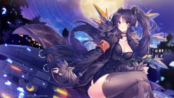 Rule 34 | 1girl, armband, black jacket, blush, breasts, choker, cleavage, closed mouth, commission, crossed legs, full moon, grey thighhighs, highres, iris yuma, jacket, large breasts, long hair, maett, magic circle, moon, night, outdoors, red eyes, smile, solo, soulworker, thighhighs, thighs, twintails