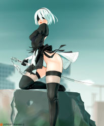 Rule 34 | 1girl, absurdres, arteslav, black blindfold, black dress, black hairband, blindfold, blue sky, boots, covered eyes, dress, feather-trimmed sleeves, hairband, highleg, highleg leotard, highres, holding, holding sword, holding weapon, juliet sleeves, katana, leather, leather boots, leg up, leotard, leotard under clothes, lips, long sleeves, looking at viewer, nier (series), nier:automata, outdoors, post-apocalypse, puffy sleeves, reverse grip, see-through, see-through legwear, side slit, silver hair, sky, solo, sword, thigh boots, thighhighs, thighhighs under boots, two-sided fabric, two-sided skirt, vambraces, virtuous contract, weapon, white leotard, 2b (nier:automata)