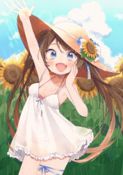 Rule 34 | 1girl, :d, arm up, bad id, bad pixiv id, bikini, bikini under clothes, blue eyes, blue ribbon, blue sky, blush, brown hair, cloud, collarbone, commentary, day, dress, fang, field, flower, flower field, hand to own mouth, hat, hat flower, highres, kouhara yuyu, leg ribbon, long hair, moe2018, open mouth, original, outdoors, pink bikini, ribbon, sky, sleeveless, sleeveless dress, smile, solo, sun hat, sunflower, sunflower field, sunlight, swimsuit, twintails, very long hair, white dress, white ribbon, yellow flower