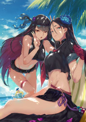 Rule 34 | 2girls, :o, bare shoulders, beach, black hair, black serafuku, blue eyes, blue sky, breasts, cup, day, drinking glass, fate/grand order, fate (series), flower, hair flower, hair ornament, highres, large breasts, long hair, looking at viewer, midriff, minamoto no raikou (fate), minamoto no raikou (fate/grand order), minamoto no raikou (swimsuit lancer) (fate), minamoto no raikou (swimsuit lancer) (second ascension) (fate), multicolored hair, multiple girls, navel, ohland, one eye closed, open mouth, oryou (fate), palm tree, pleated skirt, purple hair, red eyes, sailor collar, school uniform, serafuku, sitting, skirt, sky, smile, thighhighs, tree, v