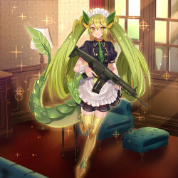 Rule 34 | 1girl, apron, black dress, breasts, closed mouth, dragon girl, dragon tail, dragonmaid (yu-gi-oh!), dress, duel monster, frilled apron, frills, full body, fuyuki (neigedhiver), green hair, gun, heterochromia, highres, holding, holding gun, holding weapon, howa type 20, indoors, light smile, long hair, maid, necktie, orange eyes, parlor dragonmaid, short sleeves, solo, tail, thighhighs, twintails, very long hair, weapon, yellow eyes, yu-gi-oh!