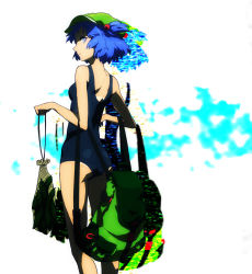 Rule 34 | 1girl, back, backpack, bag, blue eyes, blue hair, egawa satsuki, female focus, hair bobbles, hair ornament, hat, kawashiro nitori, looking back, matching hair/eyes, one-piece swimsuit, randoseru, school swimsuit, smile, solo, swimsuit, tan, tanline, touhou, twintails, two side up