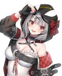 Rule 34 | 1girl, animal hood, arm belt, belt, belt collar, black belt, black gloves, black hair, bow, braid, breasts, camisole, cleavage, collar, fingerless gloves, gloves, grey hair, hair ornament, hand up, hololive, hood, large breasts, looking at viewer, multicolored hair, nail polish, open mouth, orca hood, plaid, plaid bow, red bow, red eyes, red nails, sakamata chloe, sakamata chloe (1st costume), solo, streaked hair, tabiguchi kouji, virtual youtuber, white camisole, x hair ornament