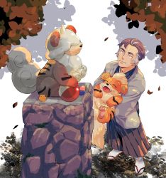 Rule 34 | 1boy, alternate costume, berry (pokemon), brown hair, brown hakama, closed mouth, commentary request, creatures (company), falling leaves, game freak, gen 1 pokemon, green (grimy), grey hair, grey jacket, growlithe, hakama, highres, hisuian growlithe, holding, holding pokemon, jacket, japanese clothes, kabu (pokemon), kimono, leaf, looking up, male focus, nintendo, oran berry, outdoors, pokemon, pokemon (creature), pokemon swsh, sandals, short hair, sitrus berry, smile, socks, standing, white legwear