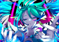 1girl bare_shoulders blue_nails blue_necktie eyeshadow floating_hair goma_irasuto green_nails hatsune_miku headphones highres holding holding_own_hair looking_at_viewer looking_down makeup nail_polish necktie open_hand parted_lips purple_eyeshadow purple_nails solo twintails vocaloid