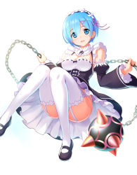 Rule 34 | 10s, 1girl, ball and chain (weapon), black footwear, blue eyes, blue hair, breasts, chain, cleavage, collar, detached collar, detached sleeves, flail, frilled collar, frilled sleeves, frills, garter straps, hair ornament, hair over one eye, hair ribbon, highres, holding, knees together feet apart, large breasts, looking at viewer, maid headdress, mary janes, morning star, open mouth, pink ribbon, qnakamura, re:zero kara hajimeru isekai seikatsu, rem (re:zero), ribbon, shoes, short hair, simple background, smile, solo, spiked ball and chain, thighhighs, thighs, weapon, white background, white thighhighs, x hair ornament