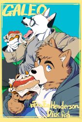 Rule 34 | 2boys, bara, billy russell (dickfish), brown fur, cover, cover page, dickfish (fishismdick), dog boy, doujin cover, eating, facial hair, fluffy, food, from above, furrification, furrowed brow, furry, furry male, glasses, highres, holding, holding food, hood, hood down, hooded jacket, jacket, john rottweil (dickfish), large pectorals, looking at viewer, male focus, mature male, multiple boys, muscular, muscular male, mustache, open clothes, open jacket, original, pectorals, sandwich, sausage, short hair, translation request, upper body, white fur, yarofes:2023, yawning