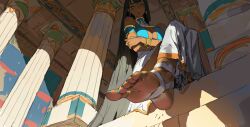 Rule 34 | 1girl, absurdres, barefoot, black hair, blue eyes, crossed legs, egyptian, egyptian clothes, feet, highres, long hair, looking at viewer, sang delan, soles, toes