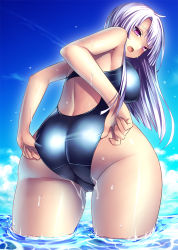 Rule 34 | 1girl, :o, adjusting clothes, adjusting swimsuit, ass, ass focus, blush, breasts, cloud, competition swimsuit, covered erect nipples, cowboy shot, crotch, day, fang, from behind, from below, large breasts, long hair, looking at viewer, looking back, looking down, one-piece swimsuit, open mouth, original, outdoors, partially submerged, purple eyes, purple hair, sky, soaking feet, solo, standing, swimsuit, thighs, tsukumiya amane, wading, water, wet, white hair, wide hips
