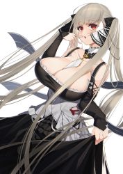 Rule 34 | 1girl, absurdly long hair, absurdres, azur lane, between breasts, breasts, cleavage, dress, finger to mouth, flight deck, formidable (azur lane), frilled dress, frills, highres, holding clothes, holding dress, huge breasts, huge filesize, long hair, open mouth, platinum blonde hair, red eyes, solo, twintails, two-tone dress, two-tone ribbon, very long hair, white background, yamanokami eaka