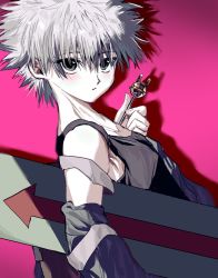 Rule 34 | 1boy, bad id, bad twitter id, bare shoulders, between fingers, child, commentary, green eyes, highres, holding, hunter x hunter, kasukasugom1, key, killua zoldyck, looking at viewer, male focus, messy hair, pink background, skateboard, solo, upper body, white hair
