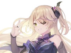 Rule 34 | 1girl, aimh, bare shoulders, black ribbon, blonde hair, breasts, detached sleeves, eyepatch, fischl (genshin impact), floating hair, genshin impact, grin, hair ribbon, hand up, highres, long hair, looking at viewer, neck ribbon, pink ribbon, portrait, ribbon, shiny skin, simple background, small breasts, smile, solo, two side up, upper body, white background
