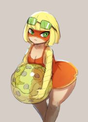 Rule 34 | 1girl, alternate costume, arms (game), ball, beachball, blonde hair, blunt bangs, domino mask, dress, green eyes, grey background, highres, martin (tuxedopato), mask, min min (arms), nintendo, no headwear, solo, sunglasses on head, thick thighs, thighs, wide hips