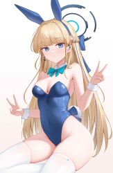 Rule 34 | 1girl, absurdres, animal ears, bare shoulders, blonde hair, blue archive, blue bow, blue eyes, blue hairband, blue leotard, bow, bowtie, braid, breasts, closed mouth, covered navel, detached collar, doraski, double v, earpiece, earrings, fake animal ears, hairband, halo, highleg, highleg leotard, highres, jewelry, leotard, long hair, medium breasts, microphone, official alternate costume, official alternate hairstyle, playboy bunny, rabbit ears, rabbit tail, simple background, sitting, skindentation, solo, stud earrings, tail, thighs, toki (blue archive), toki (bunny) (blue archive), v, very long hair, white background, white wrist cuffs, wrist cuffs