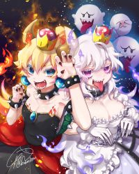 Rule 34 | 2girls, absurdres, armlet, bare shoulders, black nails, blonde hair, blue eyes, blue fire, blush, boo (mario), bowsette, bracelet, breasts, brooch, chain, cleavage, collar, collarbone, colored eyelashes, colored tongue, crown, dress, earrings, fingernails, fire, frilled dress, frills, ghost, gloves, hair between eyes, highres, hoop skirt, horns, jewelry, large breasts, layered skirt, long hair, long tongue, looking at viewer, luigi&#039;s mansion, mario (series), mini crown, multicolored nails, multiple girls, nail polish, new super mario bros. u deluxe, nintendo, open mouth, paw pose, ponytail, princess king boo, purple eyes, purple tongue, red fire, red nails, sharp fingernails, sharp teeth, short sleeves, shy, signature, skirt, sleeveless, sphere earrings, spiked armlet, spiked bracelet, spiked collar, spikes, strapless, strapless dress, super crown, teeth, tongue, tongue out, twitter username, yamigirikuroko