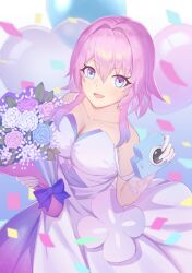 Rule 34 | 1girl, absurdres, balloon, bare shoulders, blue eyes, bouquet, breasts, camera, commentary request, cowboy shot, dress, flower, flower ornament, hair between eyes, hair intakes, hands up, highres, holding, holding bouquet, holding camera, honkai: star rail, honkai (series), lan qiandai, large breasts, long dress, looking at viewer, march 7th (honkai: star rail), medium hair, open mouth, pink eyes, pink hair, smile, solo, spaghetti strap, standing, strap slip, two-tone eyes, white dress