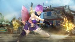 Rule 34 | 1girl, 3d, anklet, ayane (doa), bare shoulders, breasts, cleavage, headband, japanese clothes, jewelry, large breasts, purple hair, ribbon, scarf, sengoku musou, sengoku musou 2, sword, weapon
