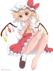 Rule 34 | 1girl, :o, ascot, barefoot, blonde hair, blush, bow, crystal, flandre scarlet, frills, full body, hat, hat bow, hat ribbon, looking at viewer, mob cap, open mouth, puffy short sleeves, puffy sleeves, ramudia (lamyun), red bow, red eyes, red ribbon, red skirt, red vest, ribbon, shirt, shoes, short sleeves, skirt, skirt set, socks, solo, touhou, twitter username, vest, white hat, white socks, wings, wrist cuffs