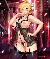 Rule 34 | 1girl, blonde hair, blue eyes, breasts, curvy, female focus, highres, large breasts, lilith-soft, lingerie, looking at viewer, nipples, no bra, partially visible vulva, shinganji kurenai, shiny skin, short hair, smile, standing, taimanin (series), taimanin asagi, taimanin asagi kessen arena, taimanin kurenai, thick thighs, thighhighs, thighs, underwear, zol