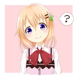 Rule 34 | 1girl, ?, blush, bow, bowtie, breasts, buttons, closed mouth, collared shirt, gochuumon wa usagi desu ka?, hair between eyes, hair ornament, hairclip, head tilt, hoto cocoa, looking at viewer, lunatic., orange hair, pink background, pink vest, portrait, purple eyes, red bow, red bowtie, shirt, short hair, small breasts, smile, solo, speech bubble, spoken question mark, vest, wing collar