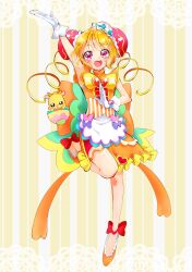 Rule 34 | 1girl, absurdres, arm up, back bow, bike shorts, blonde hair, bow, brooch, bun cover, china dress, chinese clothes, commentary, cure yum-yum, delicious party precure, doily, dress, flats, frilled dress, frills, full body, gloves, hair bun, hanamichi ran, heart, heart brooch, highres, huge bow, jewelry, leg up, looking at viewer, magical girl, mem-mem (precure), miisu (minirose), open mouth, orange bow, orange dress, orange footwear, precure, red eyes, short dress, short hair, shorts under dress, sleeveless, sleeveless dress, smile, solo, standing, standing on one leg, triple bun, white gloves, yellow background, yellow bow