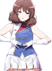 Rule 34 | 1girl, band uniform, brown hair, commentary request, gloves, hands on own stomach, hibike! euphonium, highres, medium hair, nyoijizai, open mouth, oumae kumiko, pleated skirt, skirt, solo, triangle mouth, white gloves, white skirt
