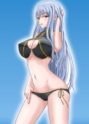 Rule 34 | 00s, 1girl, 1mm, adjusting hair, bikini, bikini pull, breasts, cleavage, clothes pull, groin, highres, large breasts, long hair, navel, pulling own clothes, red eyes, selvaria bles, senjou no valkyria, senjou no valkyria (series), senjou no valkyria 1, side-tie bikini bottom, silver hair, simple background, solo, swimsuit, very long hair
