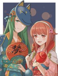 3girls :d blue_kimono candy_apple closed_mouth fire_emblem fire_emblem:_path_of_radiance fire_emblem_fates fire_emblem_heroes floral_print_kimono food green_eyes green_hair hairband hand_fan highres holding holding_fan japanese_clothes kimono long_hair long_sleeves looking_at_viewer mask mask_on_head multiple_girls nephenee_(fire_emblem) nephenee_(yukata)_(fire_emblem) nintendo official_alternate_costume open_mouth pink_eyes pink_hair pink_kimono sakura_(fire_emblem) sakura_(yukata)_(fire_emblem) short_hair smile tea6043 upper_body white_hairband wide_sleeves yukata