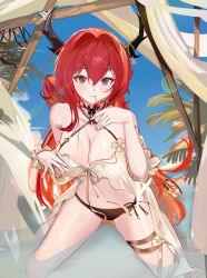 Rule 34 | 1girl, absurdres, arknights, bare shoulders, bikini, bikini under clothes, black bikini, black ribbon, blue sky, blush, bow, breasts, cherry, cleavage, closed mouth, collarbone, criss-cross halter, day, detached sleeves, food, fruit, hair rings, halterneck, hand on own chest, highres, horn ornament, horns, kneeling, large breasts, long hair, long sleeves, looking at viewer, mikuning, mouth hold, nail polish, navel, neck ribbon, official alternate costume, orange nails, outdoors, purple eyes, red hair, ribbon, side-tie bikini bottom, sky, solo, spread legs, star (symbol), surtr (arknights), surtr (colorful wonderland) (arknights), swimsuit, swimsuit under clothes, thigh strap, toenail polish, toenails, very long hair, white bow