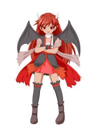 Rule 34 | 1girl, bat wings, black thighhighs, crossed arms, full body, highres, horns, long hair, mikaboshi mumumu, original, pointy ears, red eyes, red hair, scarf, shawl, shoes, skirt, smile, solo, tan, teitoku, the last comer, thighhighs, touhou, transparent background, white background, wings, wrist cuffs