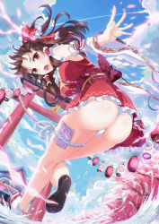 Rule 34 | 1girl, adapted costume, ascot, ass, bare legs, bare shoulders, blue sky, bow, brown hair, cherry blossoms, cloud, day, detached sleeves, dress, hair bow, hair ribbon, hair tubes, hakurei reimu, hakurei shrine, highres, lantern, long sleeves, looking at viewer, miniskirt, obi, ofuda, open mouth, panties, pantyshot, pc9527, petals, red dress, red eyes, ribbon, sash, skirt, sky, solo, spell card, standing, thigh strap, thong, torii, touhou, tree, underwear, upskirt, white panties, wide sleeves, wind