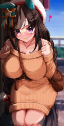 Rule 34 | 1girl, alternate costume, animal ears, bag, bare shoulders, belt, between breasts, blue sky, blurry, blurry background, blush, bow, braid, breasts, brown bag, brown belt, cleavage, closed mouth, commentary request, cowboy shot, ear bow, ear covers, heart, highres, hokko tarumae (umamusume), horse ears, horse girl, horse tail, large breasts, long sleeves, looking at viewer, low twin braids, off-shoulder sweater, off shoulder, outdoors, purple eyes, ribbed sweater, shy, sky, smile, solo, strap between breasts, striped bow, sweater, tabunshake, tail, twin braids, umamusume, white headwear