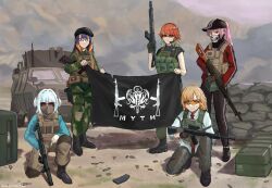 Rule 34 | 5girls, absurdres, assault rifle, baseball cap, beret, black shirt, blonde hair, blue hair, blunt bangs, bulletproof vest, camouflage, camouflage pants, closed mouth, commentary, english commentary, english text, fingerless gloves, flag, gawr gura, glasses, gloves, gradient hair, green hair, gun, handgun, hat, headset, highres, holding, holding flag, hololive, hololive english, holomyth, holster, kneeling, light machine gun, long hair, long sleeves, looking at viewer, magazine (weapon), mario (inverse atelier), middle finger, military vehicle, mori calliope, mountain, multicolored hair, multiple girls, necktie, ninomae ina&#039;nis, orange hair, pants, pink hair, plate carrier, pointy ears, ponytail, purple hair, red eyes, rifle, sandbag, shell casing, shirt, short sleeves, short twintails, skull print, standing, streaked hair, striped, striped headwear, sunglasses, takanashi kiara, tentacle hair, thigh holster, trigger discipline, twintails, two-tone hair, two side up, vehicle request, vertical stripes, virtual youtuber, walkie-talkie, watson amelia, weapon, weapon request, white hair, white shirt