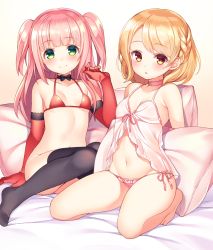 Rule 34 | 2girls, :o, babydoll, bare legs, barefoot, bed sheet, black bow, black bowtie, black legwear, blonde hair, blunt bangs, blush, bow, bowtie, bra, braid, breasts, choker, closed mouth, elbow gloves, eyebrows, gloves, green eyes, lace, lace-trimmed panties, lace trim, looking at viewer, multiple girls, navel, no panties, no shoes, original, panties, pillow, pink hair, pink panties, red bra, red gloves, shouni (sato3), side-tie panties, side braid, small breasts, smile, swept bangs, thighhighs, two side up, underwear, yellow eyes