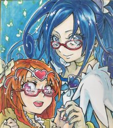 Rule 34 | 2girls, argyle, argyle background, argyle clothes, blue background, blue dress, blue eyes, blue hair, blush, brooch, chiyo9573, choker, closed mouth, crystal earrings, cure diamond, cure muse (yellow), dokidoki! precure, dress, earrings, glasses, heart, heart brooch, high ponytail, highres, hishikawa rikka, jewelry, long hair, looking at viewer, multiple girls, musical note, open mouth, orange hair, pink eyes, precure, red-framed eyewear, ribbon, shirabe ako, shirt, suite precure, upper body, yellow choker, yellow ribbon, yellow shirt