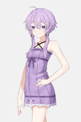 Rule 34 | 1girl, breasts, colored eyelashes, criss-cross halter, dress, grin, hair ornament, halterneck, hand on own hip, highres, kirima (zs at ), looking at viewer, purple eyes, purple hair, short dress, short hair with long locks, small breasts, smile, solo, sweat, vocaloid, voiceroid, yuzuki yukari