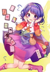 Rule 34 | 1girl, ability card (touhou), ankle boots, blue cloak, blue eyes, blue hair, blush, boots, card, cloak, crying, crying with eyes open, dress, flying sweatdrops, hairband, highres, knees together feet apart, long sleeves, moshihimechan, multicolored clothes, multicolored dress, multicolored hairband, open mouth, pink footwear, power item (touhou), rainbow gradient, short hair, solo, tears, tenkyuu chimata, touhou, white cloak