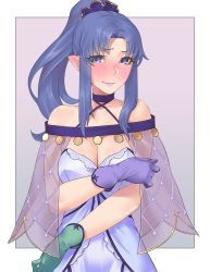 Rule 34 | 1girl, alternate costume, alternate hairstyle, asymmetrical gloves, bare shoulders, blue dress, blue eyes, blue hair, blue lips, blush, breasts, capelet, collarbone, cosplay, criss-cross halter, dress, fate/grand order, fate/stay night, fate (series), gloves, green gloves, halter dress, halterneck, highres, hikichi sakuya, lipstick, long hair, makeup, medea (fate), medea (lily) (fate), medea (lily) (fate) (cosplay), medium breasts, mismatched gloves, nose blush, pointy ears, ponytail, purple gloves, see-through, sidelocks, solo, upper body