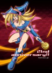 Rule 34 | 1girl, :d, anniversary, blonde hair, blue footwear, blue hat, blush stickers, boots, breasts, choker, cleavage, collarbone, commentary request, dark magician girl, hair between eyes, hat, highres, holding, holding wand, knees, leg up, long hair, looking at viewer, open mouth, smile, solo, soya (sys ygo), tongue, twitter username, wand, yu-gi-oh!