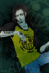 Rule 34 | 1boy, character name, denim, earrings, facial hair, goatee, jeans, jewelry, jolly roger, looking at viewer, male focus, one piece, pants, pirate, raglan sleeves, sitting, solo, tattoo, trafalgar law